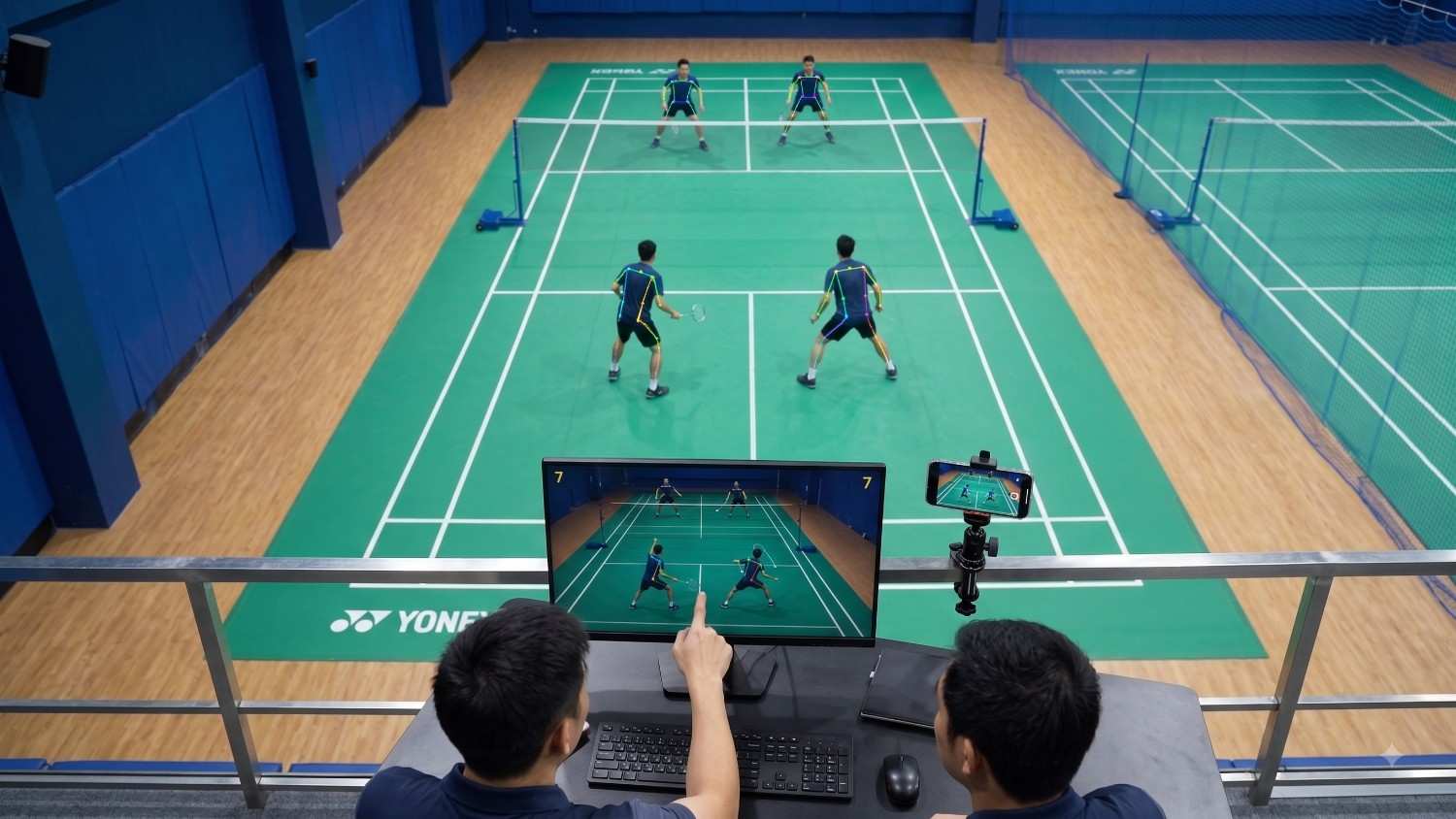 Coach and analyst reviewing computer-vision badminton footage